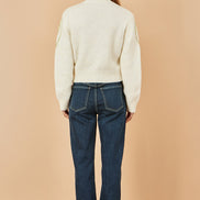 Yumi Beige Flower Embroidered Chunky Knit Cardigan