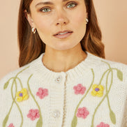 Yumi Beige Flower Embroidered Chunky Knit Cardigan