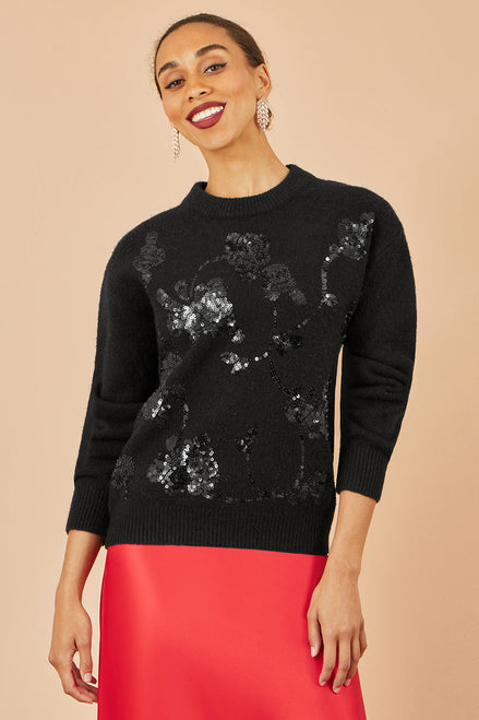 Yumi Black Relaxed Knitted Jumper with Sequin Detail