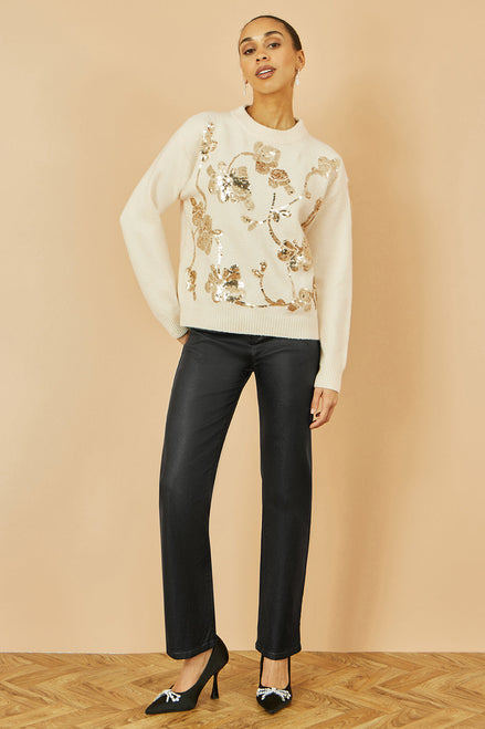Yumi Cream Relaxed Knitted Jumper with Sequin Detail