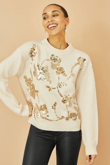 Yumi Cream Relaxed Knitted Jumper with Sequin Detail