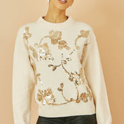 Yumi Cream Relaxed Knitted Jumper with Sequin Detail