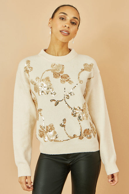 Yumi Cream Relaxed Knitted Jumper with Sequin Detail