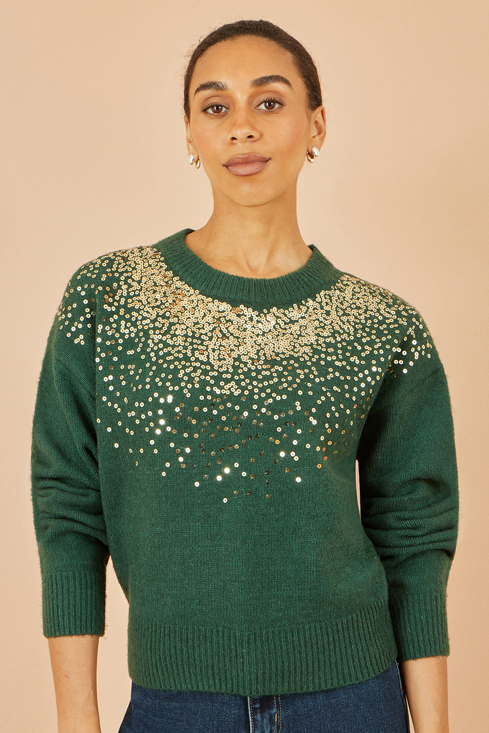 Yumi Green Relaxed Knitted Jumper with Scattered Sequin Neckline