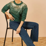 Yumi Green Relaxed Knitted Jumper with Scattered Sequin Neckline