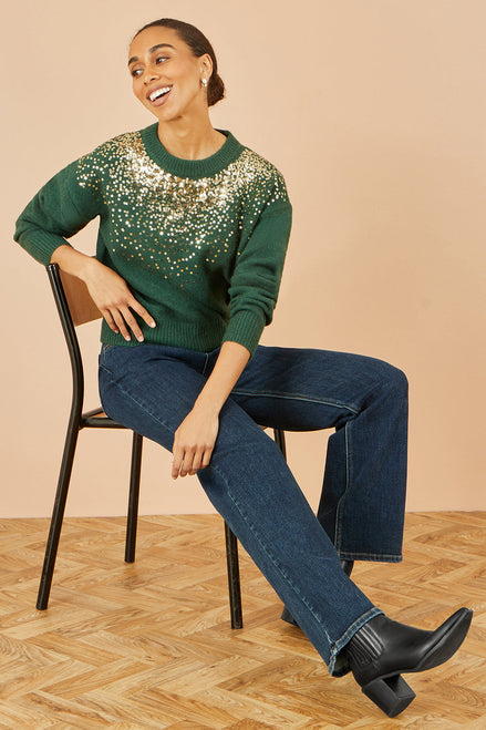Yumi Green Relaxed Knitted Jumper with Scattered Sequin Neckline
