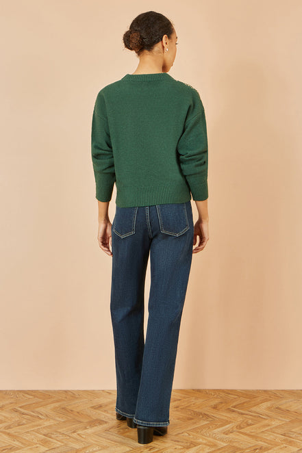 Yumi Green Relaxed Knitted Jumper with Scattered Sequin Neckline