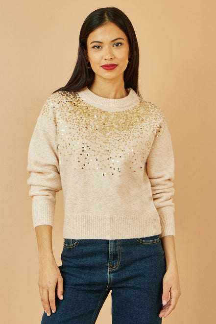 Yumi Oatmeal Relaxed Knitted Jumper with Scattered Sequin Neckline
