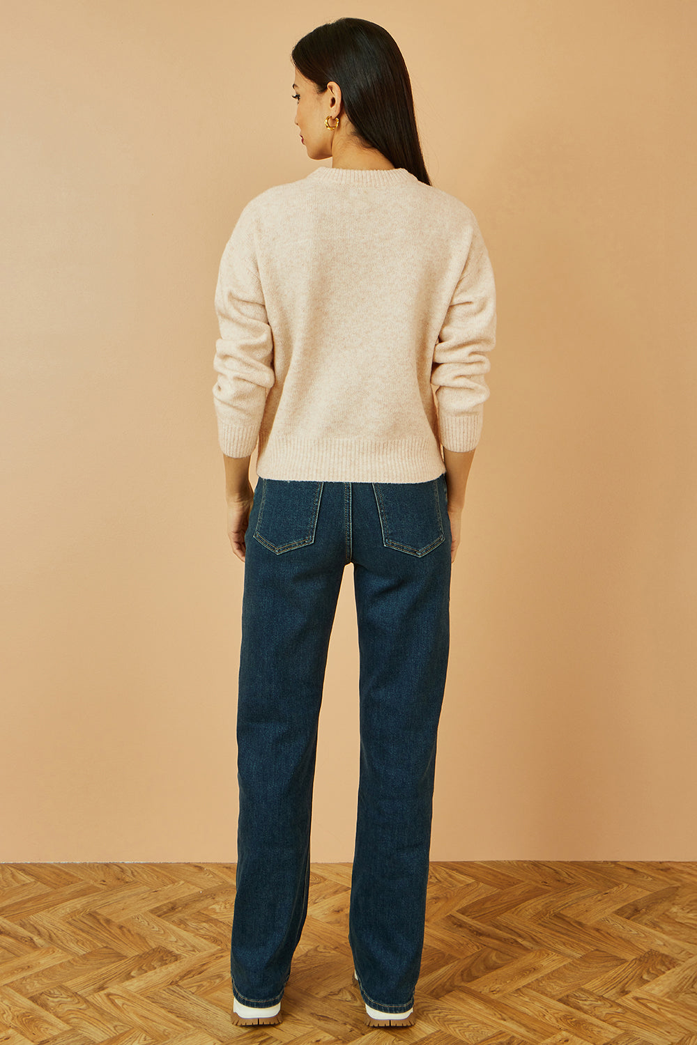 Yumi Oatmeal Relaxed Knitted Jumper with Scattered Sequin Neckline