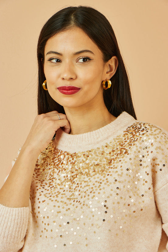 Yumi Oatmeal Relaxed Knitted Jumper With Scattered Sequin Neckline