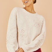 Yumi Oatmeal Knitted Jumper with Floral Applique