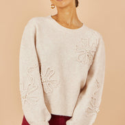 Yumi Oatmeal Knitted Jumper with Floral Applique