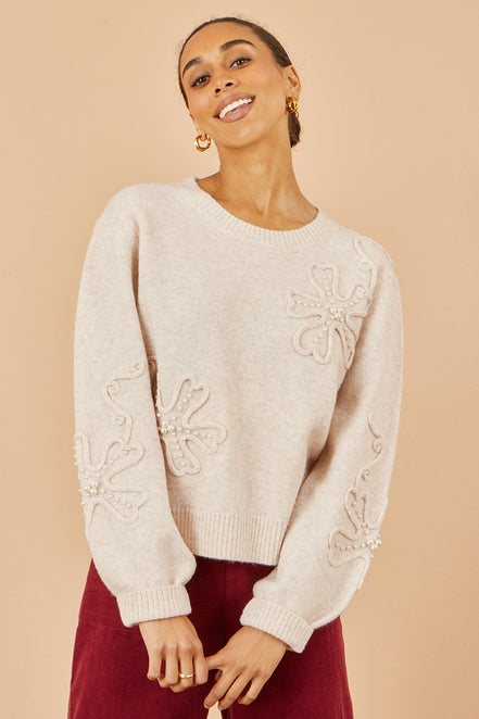 Yumi Oatmeal Knitted Jumper with Floral Applique