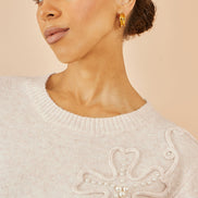 Yumi Oatmeal Knitted Jumper with Floral Applique