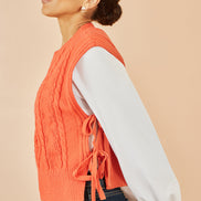 Yumi Orange Flower Cable Knit Tie Side Pullover