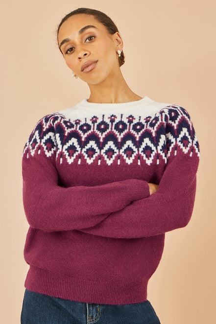 Yumi Burgundy Fair Isle Relaxed Fit Knitted Jumper