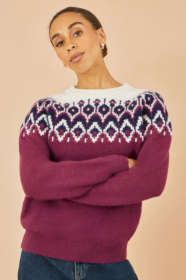 Yumi Burgundy Fair Isle Relaxed Fit Knitted Jumper