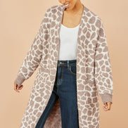 Yumi Beige Animal Print Intarsia Long Cardigan