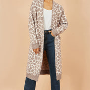 Yumi Beige Animal Print Intarsia Long Cardigan