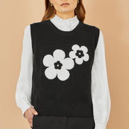 Yumi Black Flower Knitted Sleeveless Jumper Vest