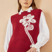 Yumi Burgundy Knitted Flower Sleeveless Jumper Vest