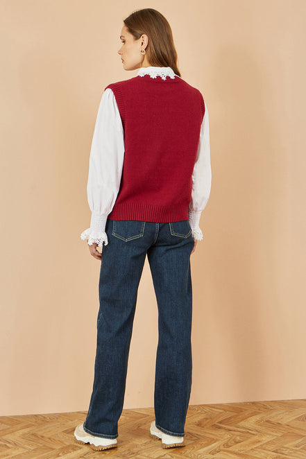 Yumi Burgundy Knitted Flower Sleeveless Jumper Vest