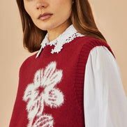 Yumi Burgundy Knitted Flower Sleeveless Jumper Vest