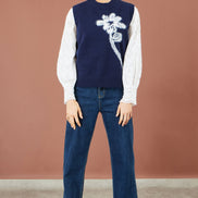 Yumi Navy Knitted Flower Sleeveless Jumper Vest