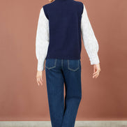 Yumi Navy Knitted Flower Sleeveless Jumper Vest