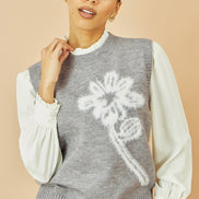 Yumi Grey Knitted Flower Sleeveless Jumper Vest