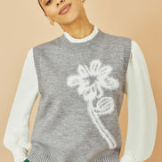 Yumi Grey Knitted Flower Sleeveless Jumper Vest