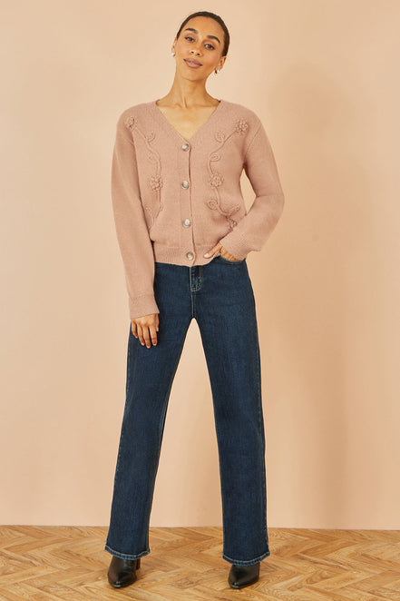 Yumi Brown Floral Embroidered Relaxed Fit Cardigan