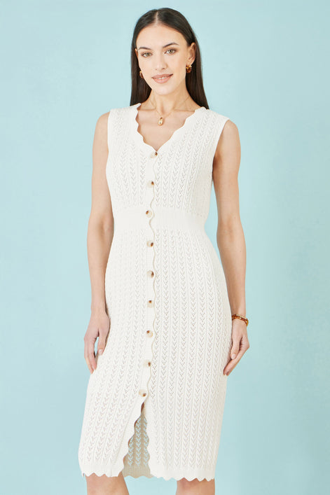 Yumi Ivory Cotton Scallop Crochet Knitted Dress
