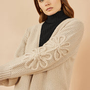 Yumi Beige Edge to Edge Cardigan with Flower Detail Sleeves