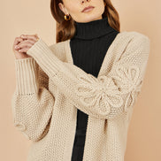 Yumi Beige Edge to Edge Cardigan with Flower Detail Sleeves