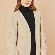 Yumi Beige Edge to Edge Cardigan with Flower Detail Sleeves