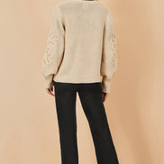 Yumi Beige Edge to Edge Cardigan with Flower Detail Sleeves