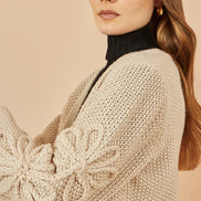 Yumi Beige Edge to Edge Cardigan with Flower Detail Sleeves