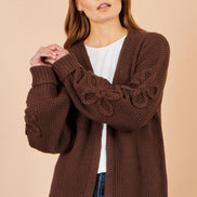 Yumi Brown Cardigan With Flower Detail Sleeves