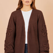 Yumi Brown Cardigan With Flower Detail Sleeves