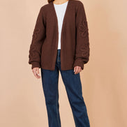 Yumi Brown Cardigan With Flower Detail Sleeves