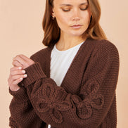 Yumi Brown Cardigan With Flower Detail Sleeves