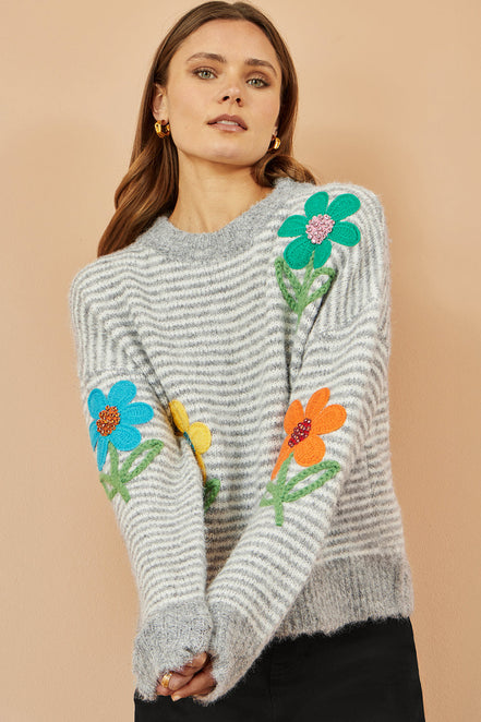Yumi Grey Striped Relaxed Fit Jumper with Flowers