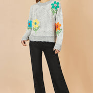 Yumi Grey Striped Relaxed Fit Jumper with Flowers