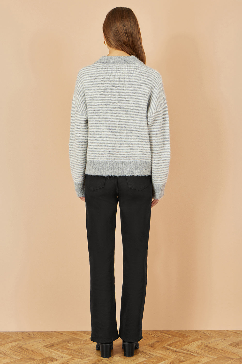 Yumi Grey Striped Relaxed Fit Jumper with Flowers