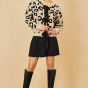 Yumi Beige Animal Print Intarsia Tie Front Cardigan