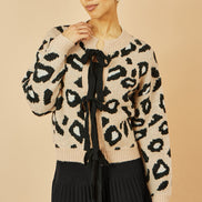 Yumi Beige Animal Print Intarsia Tie Front Cardigan