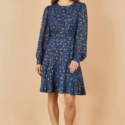 Yumi Navy Star Print Foil Long Sleeve Dress