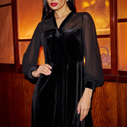 Yumi Black Velvet Pussy Bow Sheer Sleeves Skater Dress