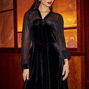 Yumi Black Velvet Pussy Bow Sheer Sleeves Skater Dress